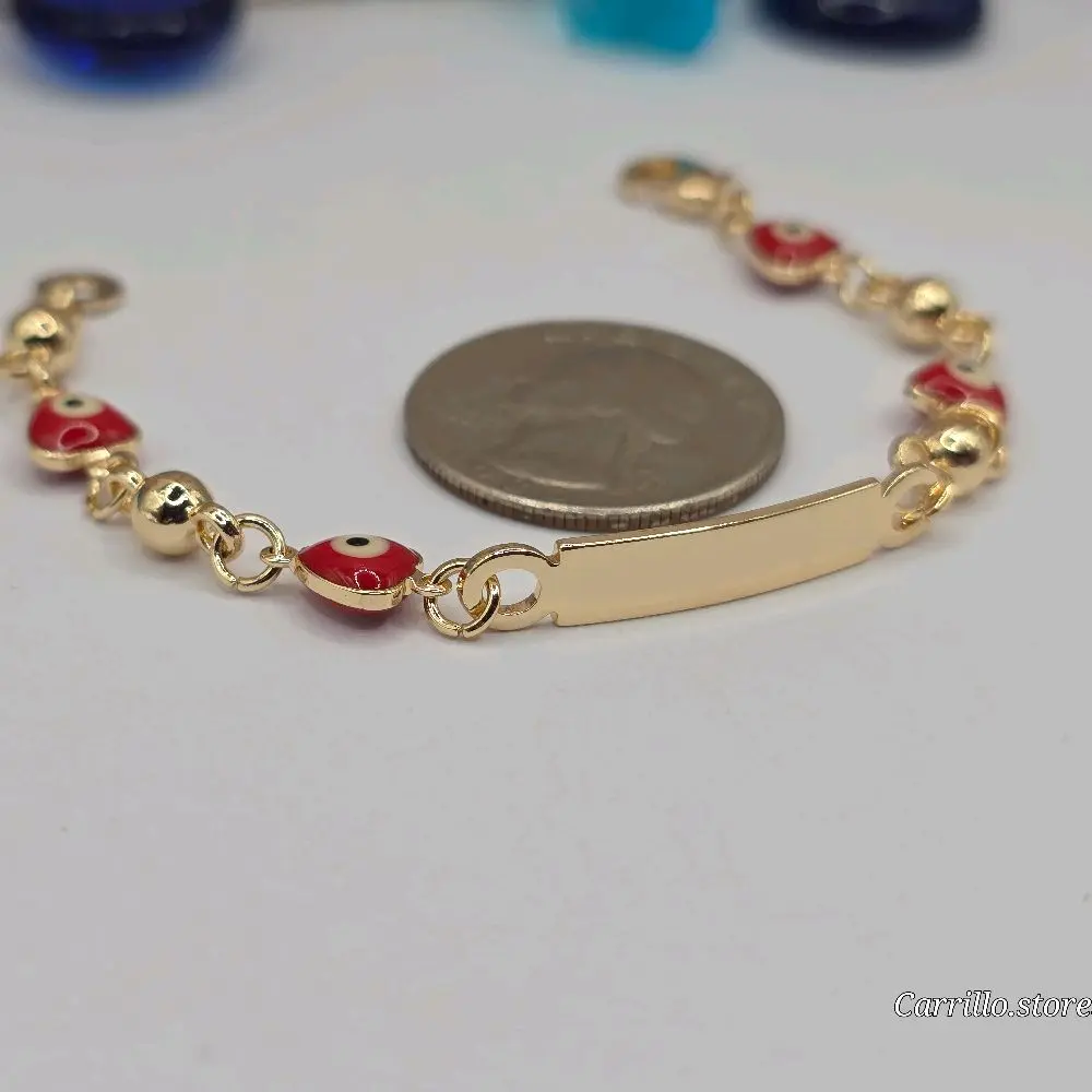 EYE TURKISH ID BRACELET hearts shapes gold plated red color 6"inches (kids) nice gift ENGRAVING AVAILABLE