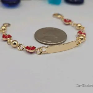 ENGRAVING AVAILABLE ID BRACELET hearts shapes gold plated red color 6"inches (kids) grabado disponible jewelry designer