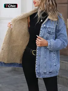 Women's Fall Winter Casual Long Sleeve Fitted Jacket, Elegant Solid Color Stand Collar Thick Warm Denim Coat, Versatile Outerwear for Women