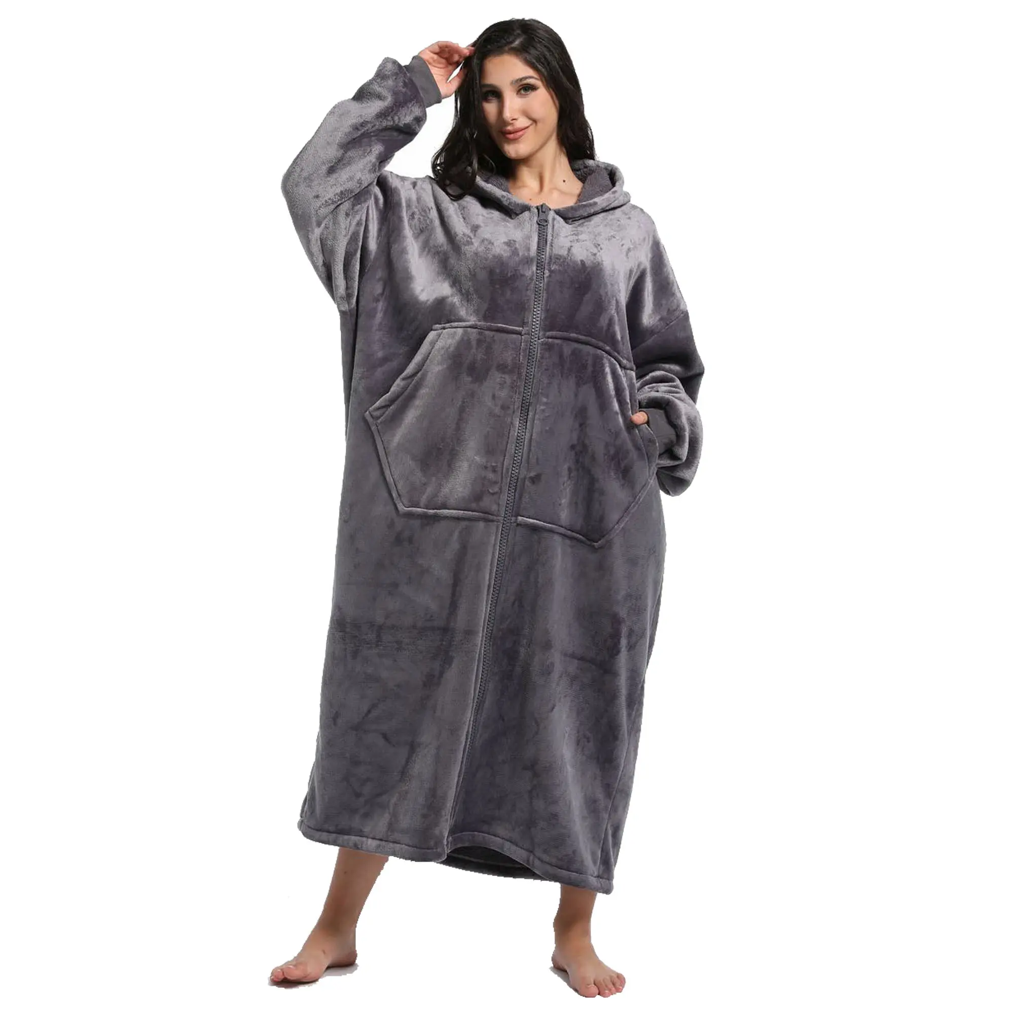 REDESS Women's Fleece Flannel Lambswool Lined Long Sleeve Hooded Robe, Casual Bathrobes & Dressing Gowns, Loose-Fitting Machine Washable Unisex Home Robe with Pockets, Black, Nightgown/Robe