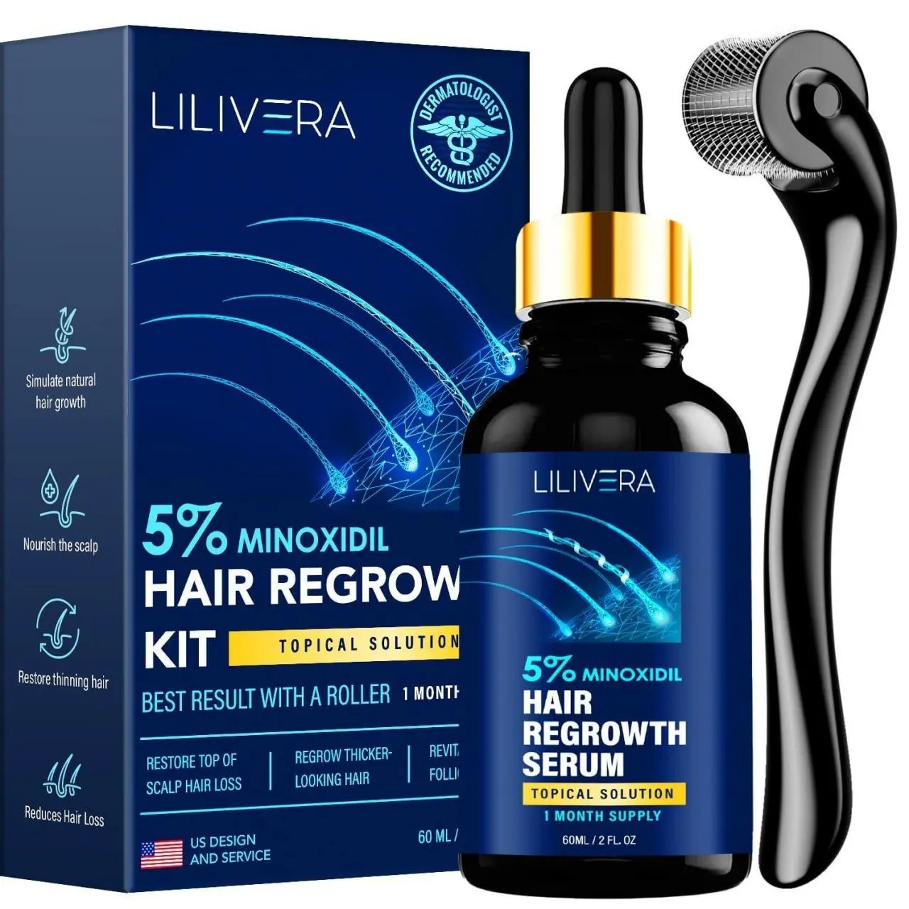 Lilivera 5% Minoxidil for Men and Women kit (within 1 box),  Hair Growth Serum with tool-  with Biotin - Topical Serum for Scalp Hair Loss