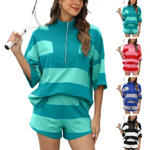 Buenoble Women's Striped 2 Piece Outfits Oversized Lounge Set Workout Sets Top Shorts with Pockets