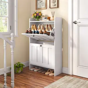 Shoe Organizer Storage Cabinet  2 Flip Drawers,  2 Levels Of Shoe Storage,  Anti-Tip Device,  Side Hooks,Space-Saving For Hallway, For Entryway with