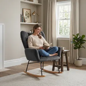 Rocking Chair Nursery, High Back Rocker with Thick Foam Cushions, Heavy Duty Anti-Tip Frame, Plush Fabric; White Pink Grey or Green