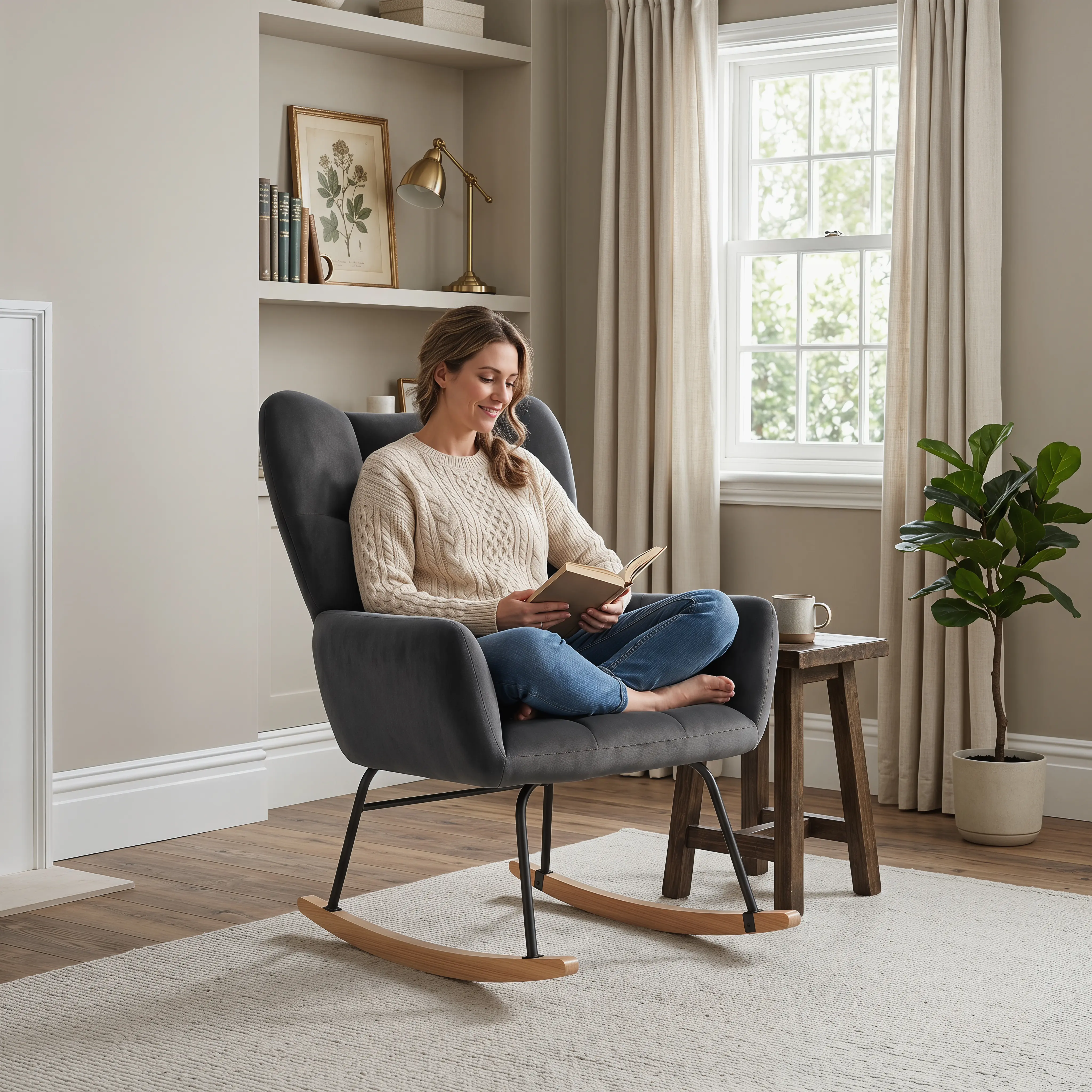 Nursery Rocking Chair, High-Back Heavy-Duty Anti-Tip Frame Rocker with Thick Foam Cushions, Plush Fabric, Easy Setup, Available in White, Pink, Grey or Green Summergarden