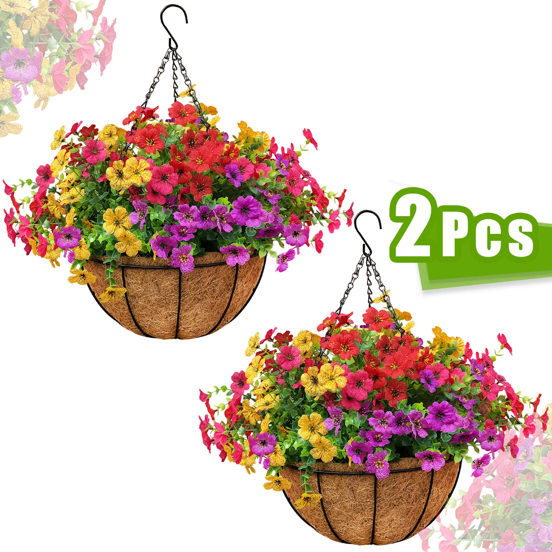 2PCS Artificial Hanging Flower Basket with UV Resistant Faux Daisy Flowers for Outdoor Porch Patio Balcony Garden Decor Realistic Fake Hanging Planters Easy DIY Assembly for Spring and Summer Home Decoration