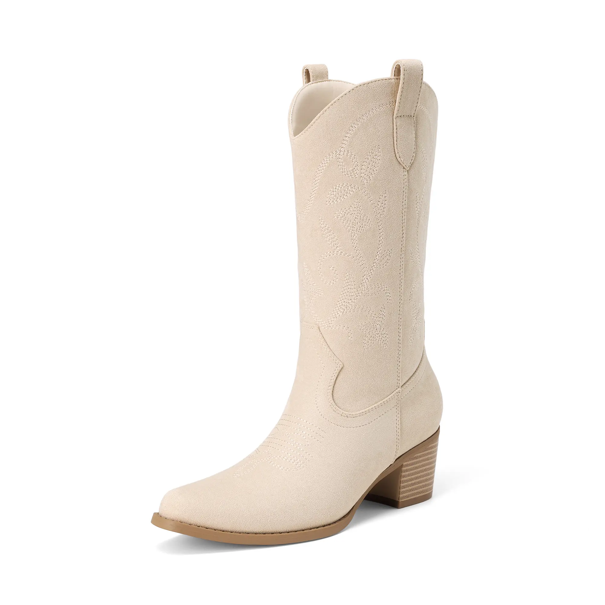 DREAM PAIRS Cowboy Boots for Women Cowgirl Western Boots Fashion Embroidery Stitched Chunky Heel Mid Calf Boots pointy toe