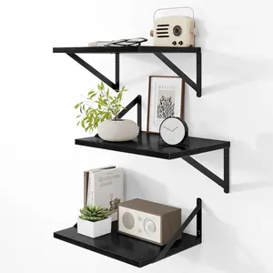 Deep Floating Shelves for Wall, 12 Inch Deep Floating Shelves Set of 3, 16W x 12D Wood Wall Shelves, Wide Wood Shelves with Metal Bracket for Living Room, Kitchen, Office, Bedroom - Black