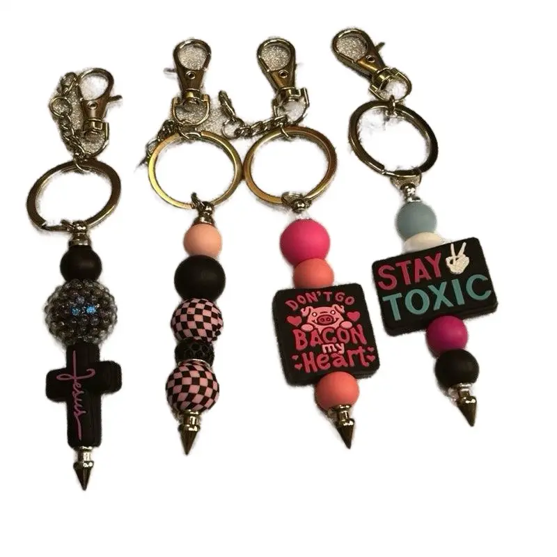 Beaded Post Keychain- Keychains with Assorted Beads, Blue Pom-Poms, and Colorful designs. (Claim on Live) Choking hazard due to small parts and beads.