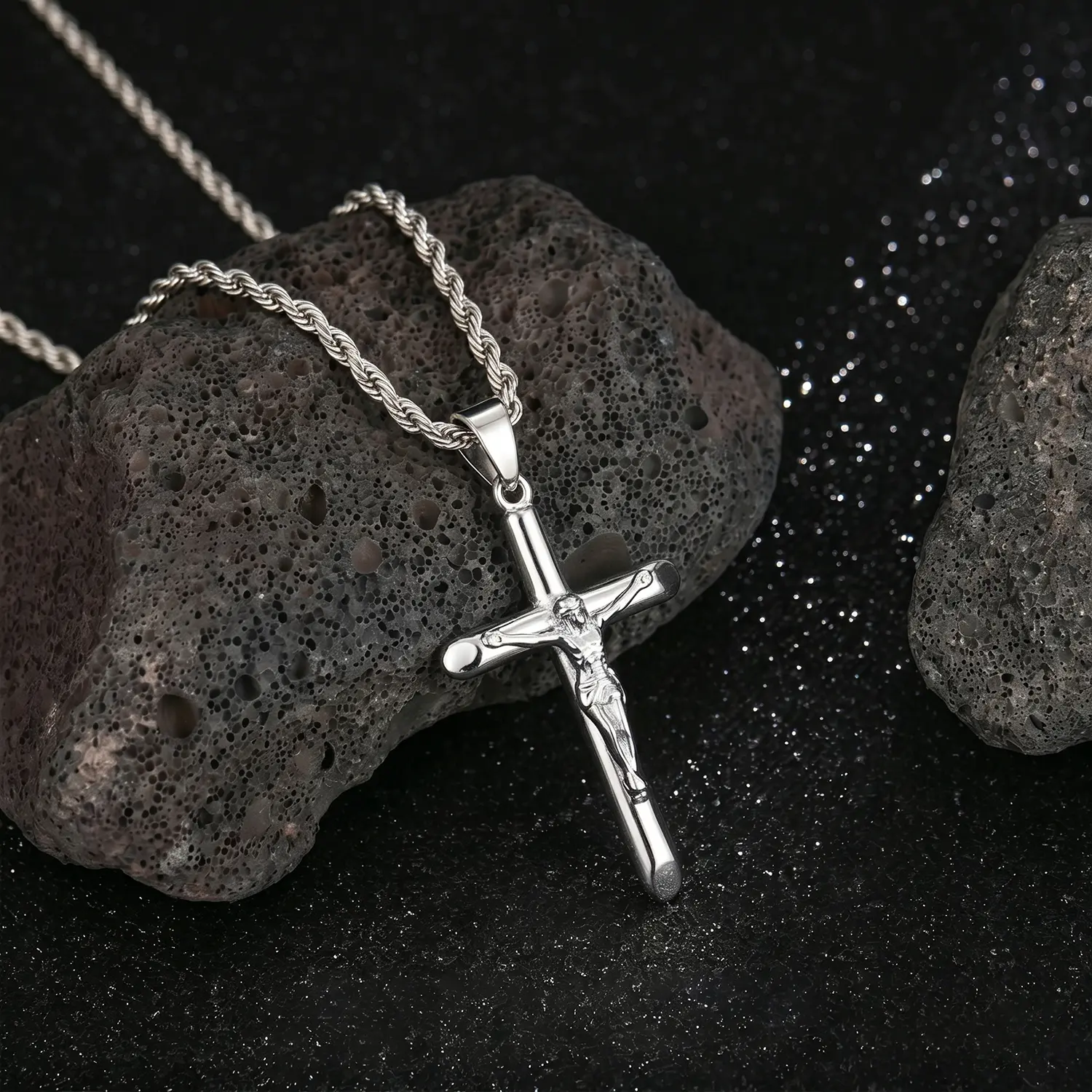 Unisex Stainless Steel Cross Necklace - Crucifix Bible Prayer Charm with Rope Chain, 18/20/22/24/26 in Faith Jewelry for Men and Women, Unisex Faith Charm, Necklaces For Women, Crucifix Necklaces