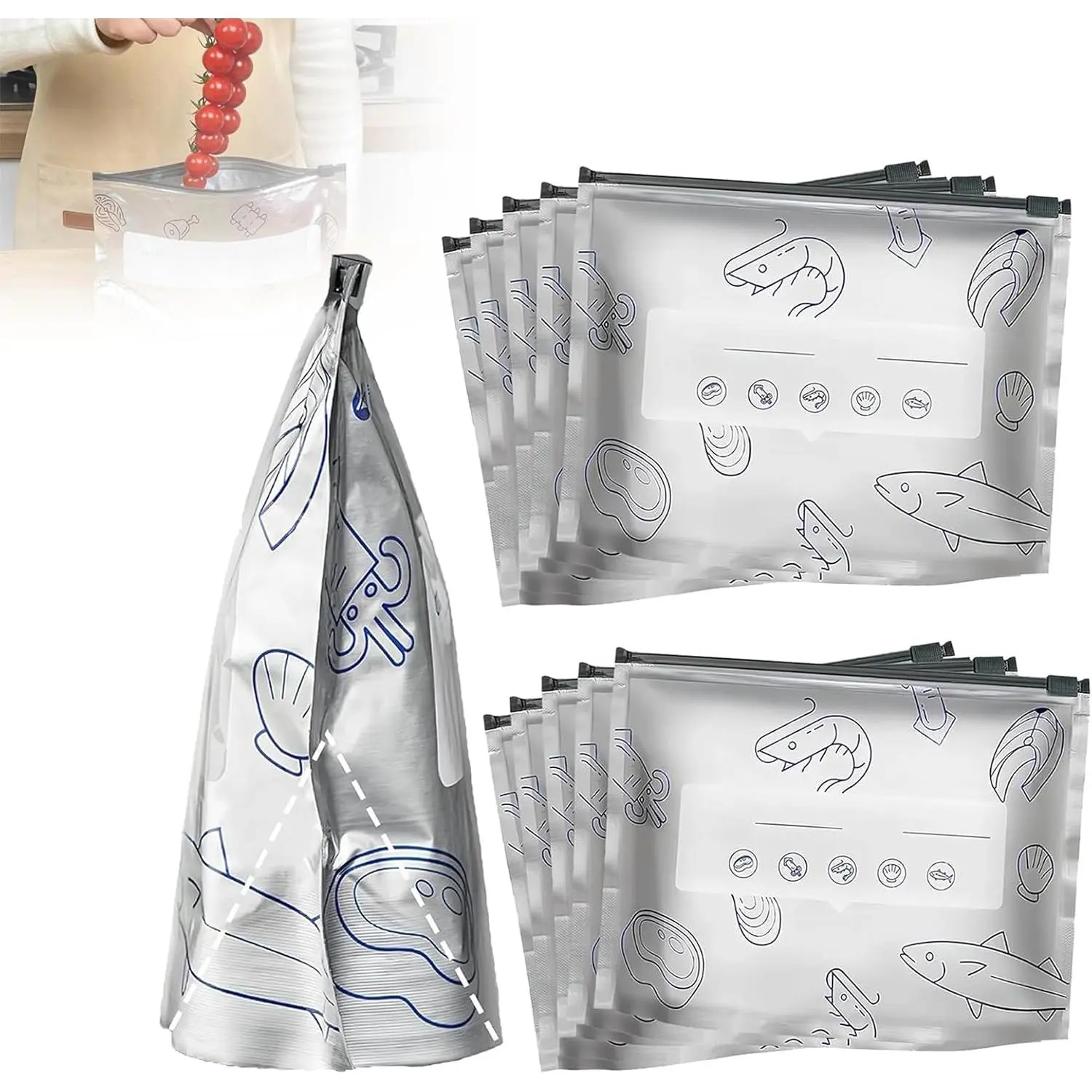 Reusable Aluminum Foil Resealable Vacuum Zipper Sealer Bags, Stand-Up Storage Bag Set with Labels, 3 Sizes (30Pcs) for Mobile Phone Selfie Accessories Storage