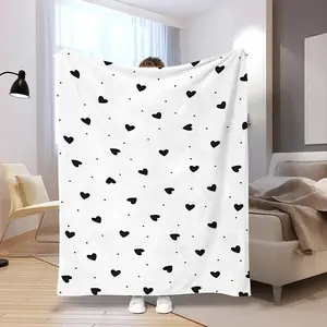Cute Black White Heart Print Soft Cozy Flannel Blanket Minimalist Love Heart Plush Throw Warm Fuzzy Bedroom Sofa Blanket Perfect Gift for Women Girls Girlfriend Mom Valentine's Day Birthday Anniversary Home Decor