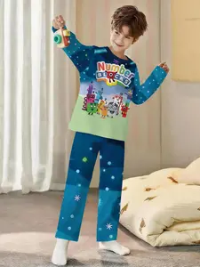 Digital building blocks Numberblocks Enlightenment 2-piece set: boys' digital printed, Cartoon print long-sleeved pajamas with extended pants, made of flame-retardant fabric, suitable for sleeping and home, Sleepwear Pajamas Set