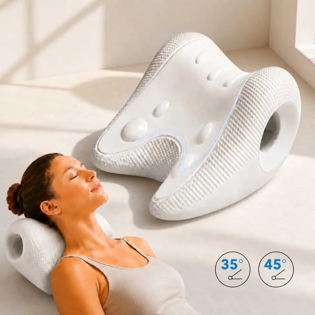 Ergonomic PU Foam Neck Support Pillow, 3D W-Shaped 3D Shape with Adjustable 35°/45° Stretch Angles, 4 Massage Points Comfort, Natural Neck Curve Fit, Relaxing Pillow for Everyday Use