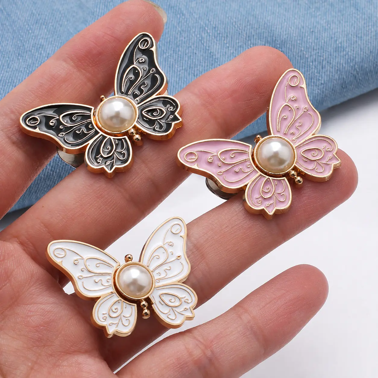 3 Pack Butterfly Waist Adjuster Clips for Women, No Sew Removable Alloy Clothing Clips, Pearl Waist Cinch Clips for Jeans Pants & Skirts, White Black Pink