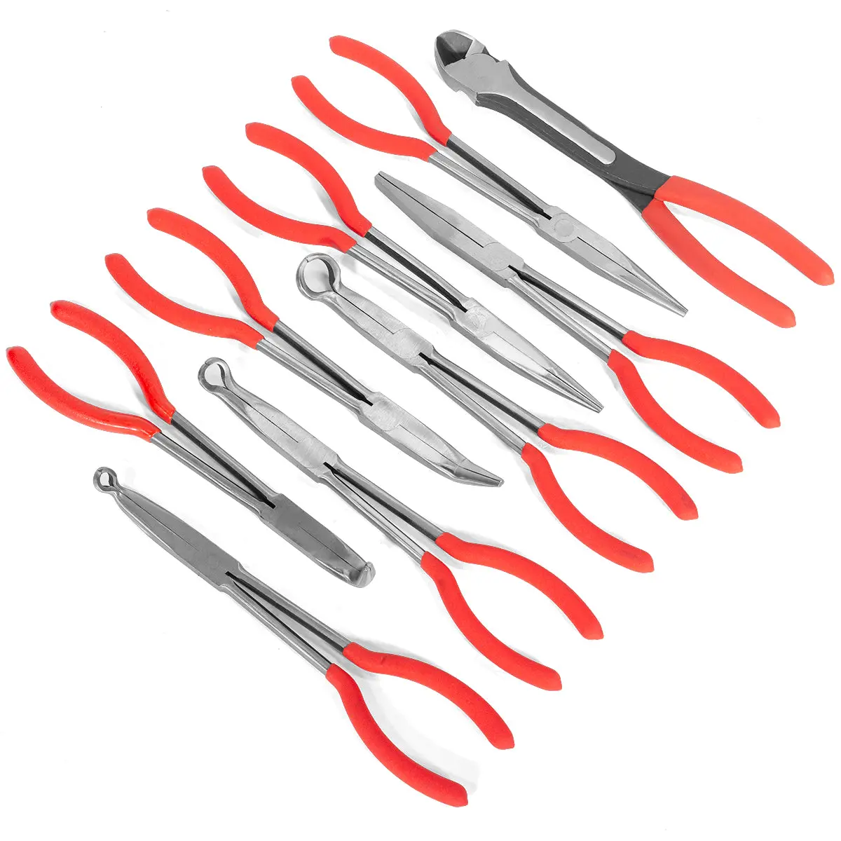 XtremepowerUS 9-Piece 11in Long Reach Multi Function Pliers Set - Forged High Carbon Steel Precision Grip Hand Tools, Mechanic Tool Box Storage Pouch Included, Ideal for Automotive Mechanics