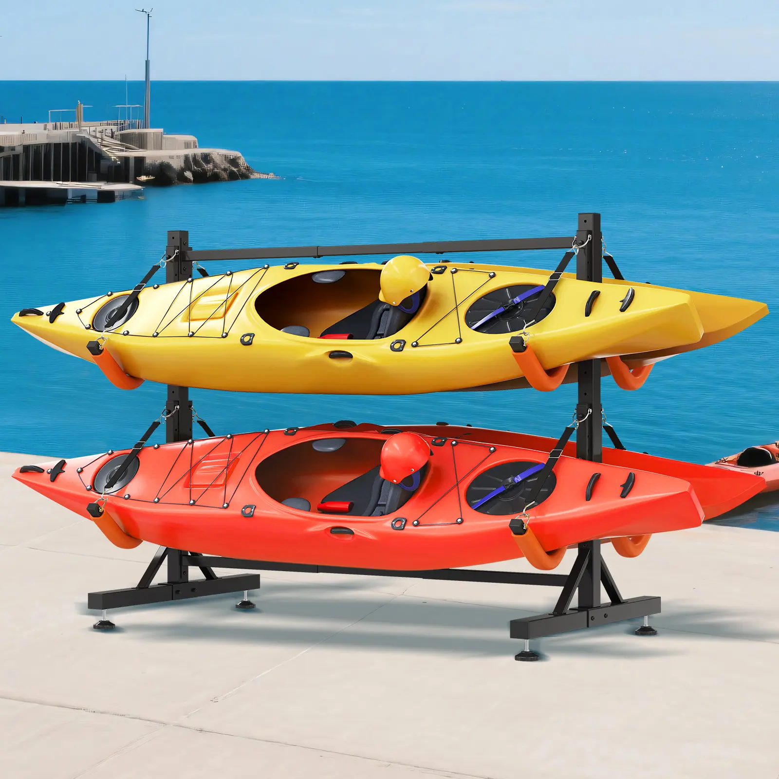 [SummerSale]VanAcc Freestanding Kayak Storage Rack, Adjustable Width Stand with Stable Base, Elastic Ropes, EVA Tube Sleeves, for Indoor, Outdoor, Garage