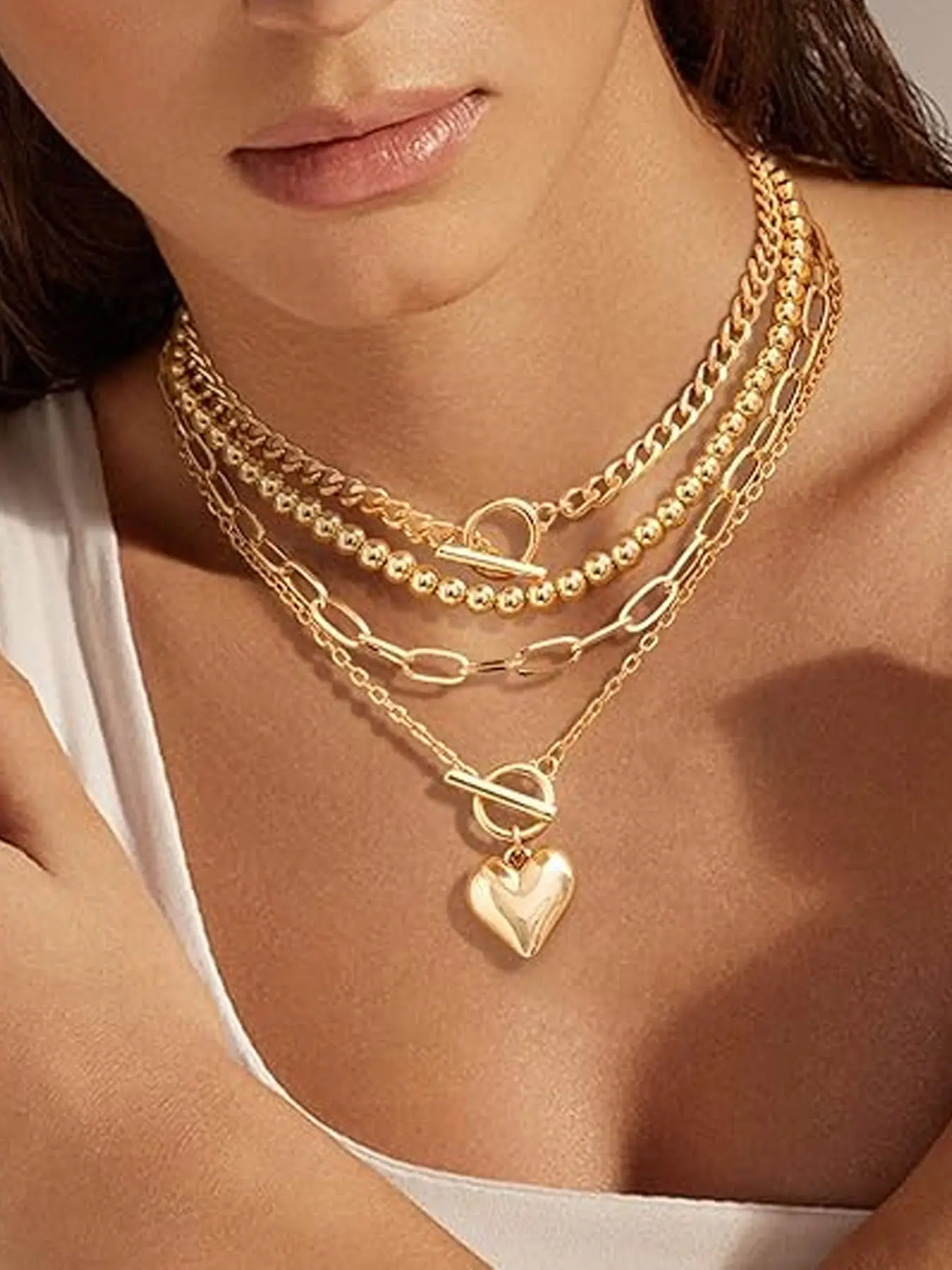 Four-Piece Metal Heart Pendant Necklace Set, Layered Hip-Hop Beaded Necklaces, Boho Style, All Seasons, Women's Fashion Jewelry, Chunky Necklace, Alloy Necklace, Chunky Chain Necklace