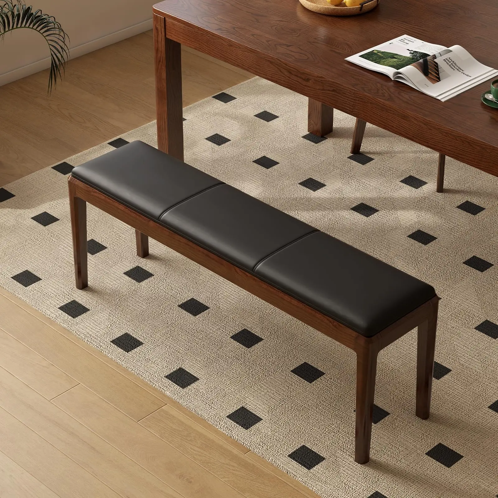 YESWOOD Leather Upholstered Dining Bench with 100% Solid Oak Wood Bench Frame, Wider Padded Bed End Bench Ottoman for Kitchen Living Room Bedroom Entryway