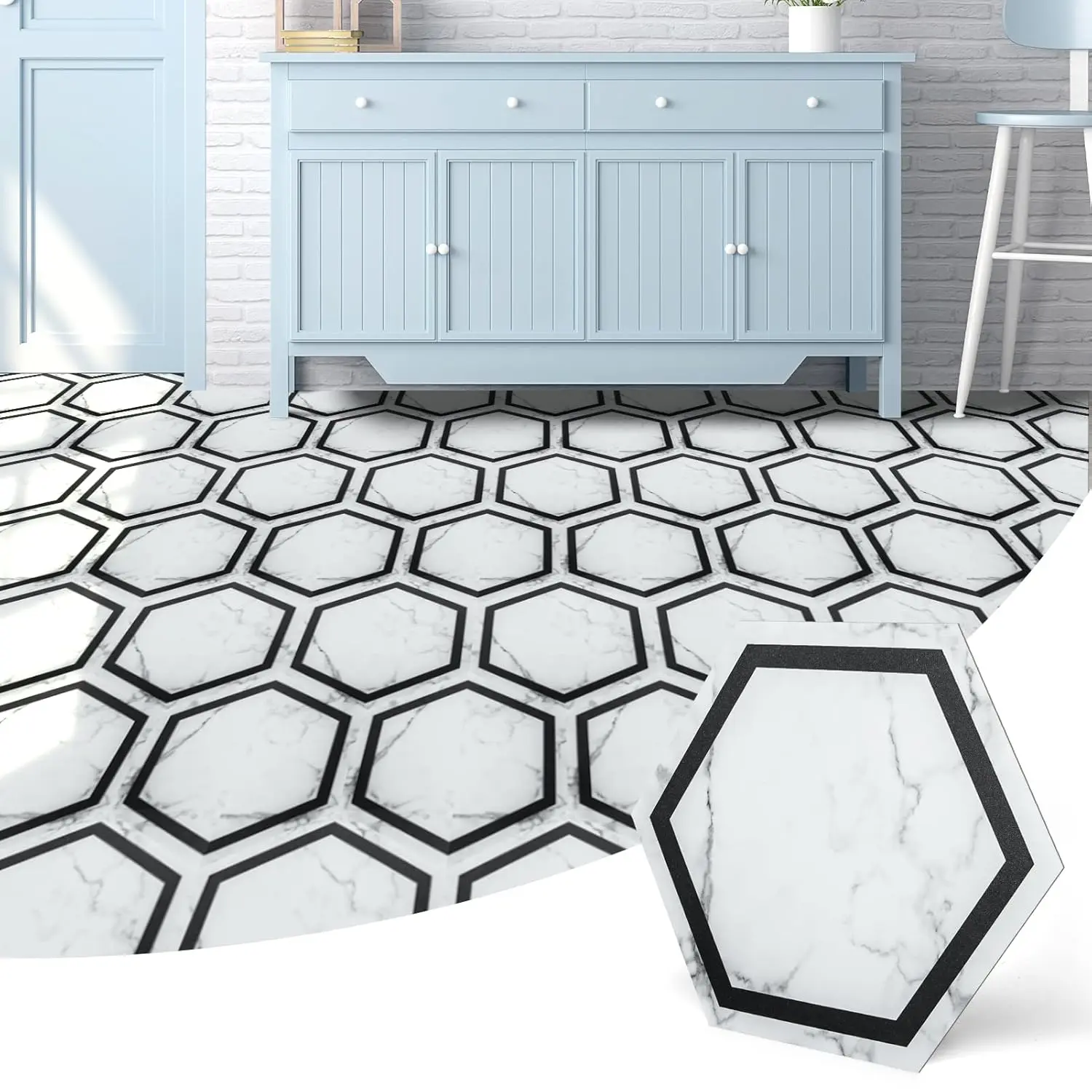 Boxed Pack Self-Adhesive Vinyl Flooring Tiles, 30-Pack Modern Hexagon Waterproof White Marble Look, 11.8"x10.2" for Home Indoor Living Room Bedroom