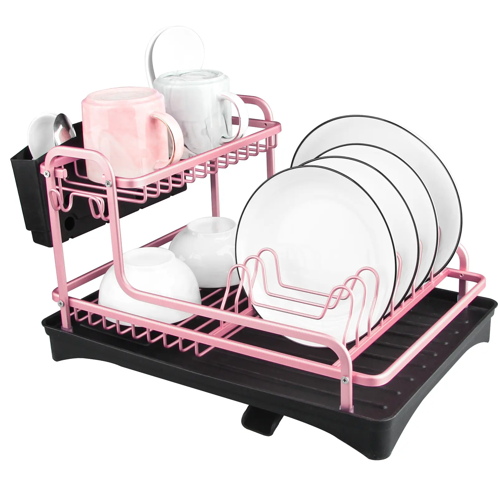 Tomorotec Durable Aluminium Alloy Dish Drying Organiser - 2-Tier Non-Slip Never Rust Draining Board with Utensil Holder for Kitchen Plates, Cups, Cutlery, Stylish Shape