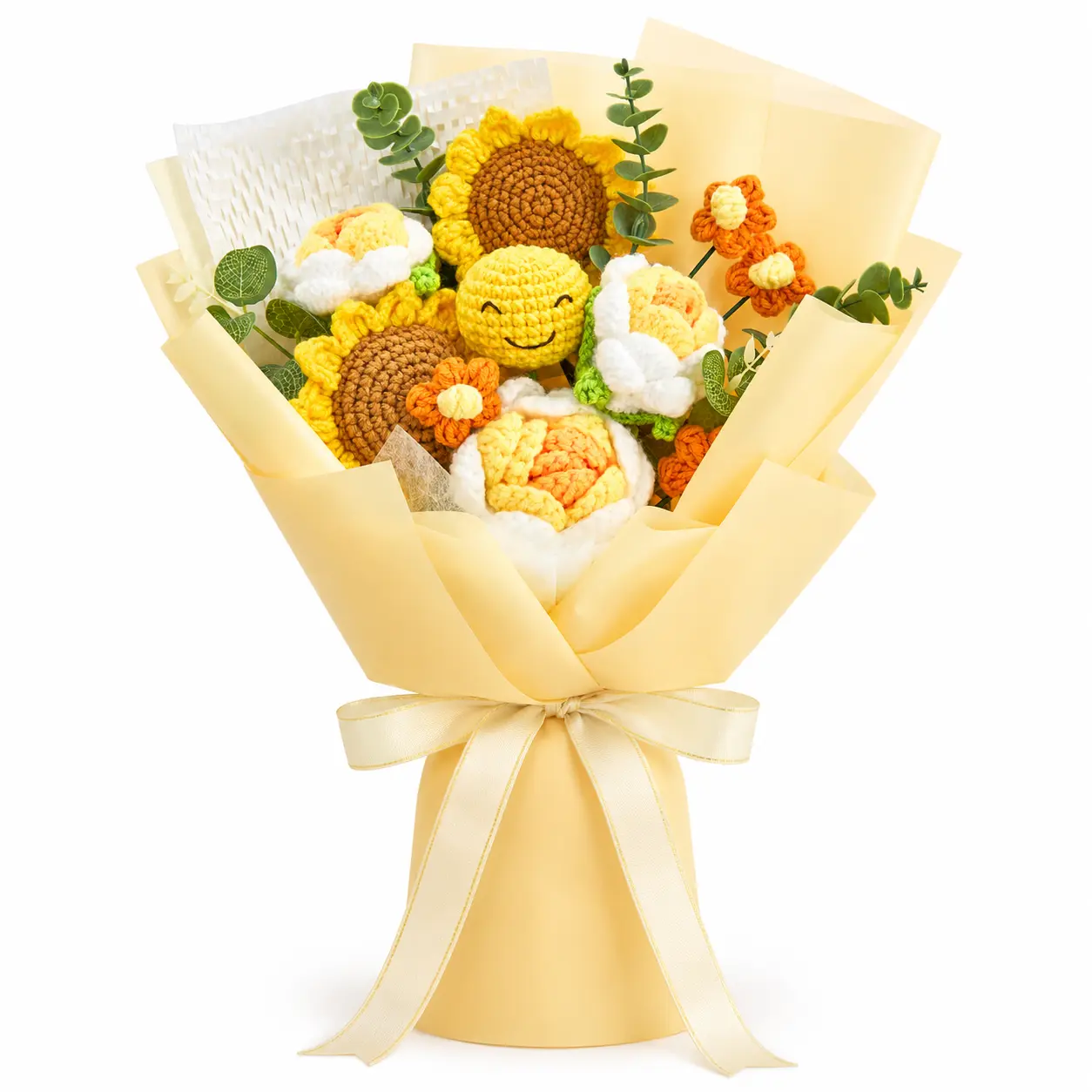 Handmade Crochet Flowers Bouquet Back to School Gift Teacher Gift for Students with Sunflower Rose Puff Forever Flowers, Emoji Inspired Cute Gift for Girlfriend Mom, Birthday Wedding Anniversary Gift, Greeting Card US Fast Shipping Home Decor