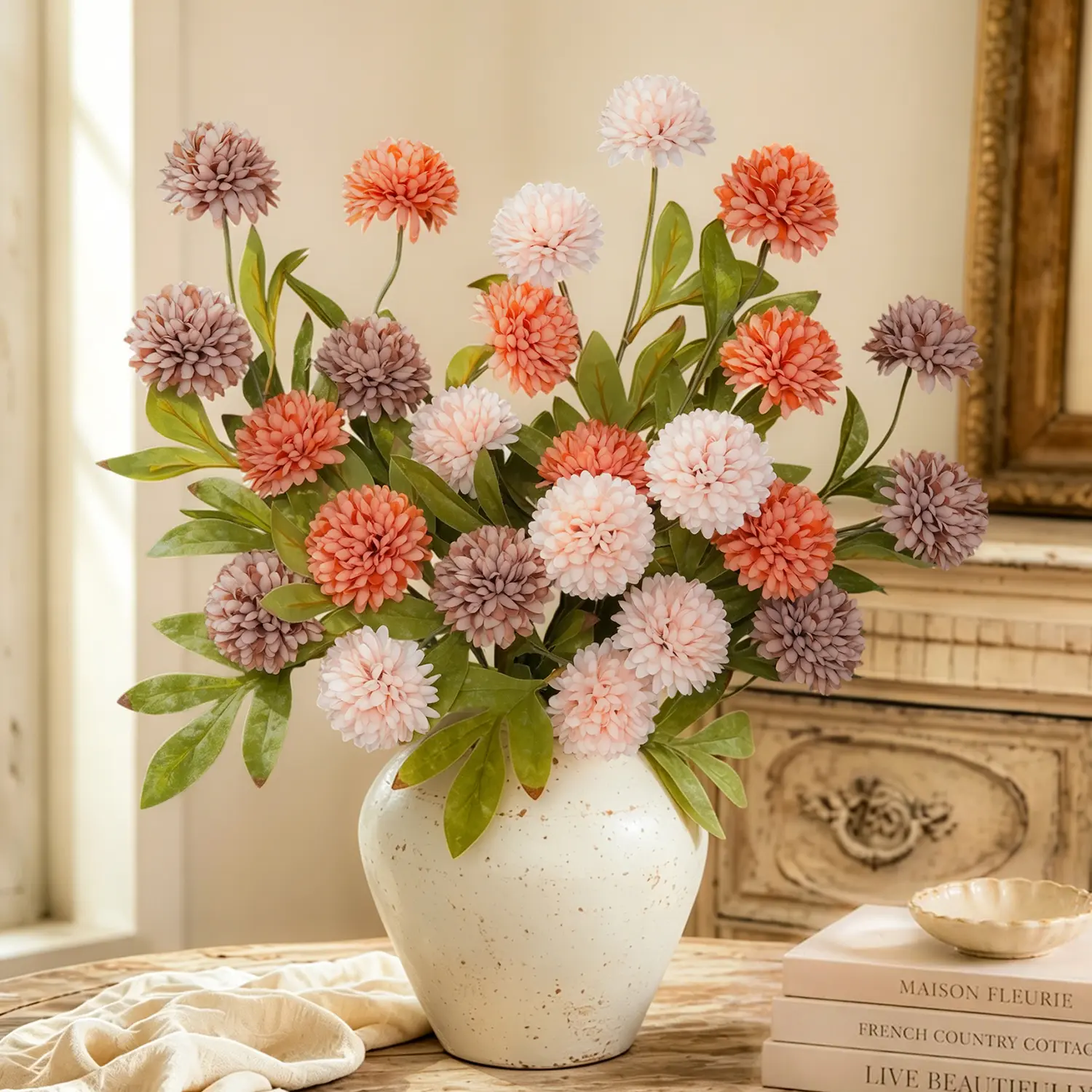 6Pcs Fall Artificial Chrysanthemum Stems, Realistic Orange Yellow Faux Mum Flower Picks, UV Resistant DIY Floral Arrangement for Porch Garden Vase Thanksgiving Halloween Fall Harvest Home Decor