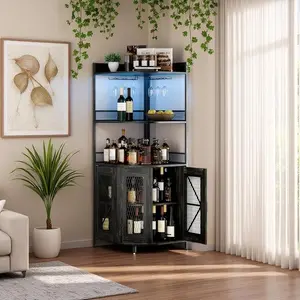 64.2''Corner Bar Cabinet With Power Outlet,Industrial Tall Wine Cabinet With LED Lights&Glass Holder,5-Tiers Liquor Cabinet With Storage,Corner Display Shelf for Living Room/Kitchen