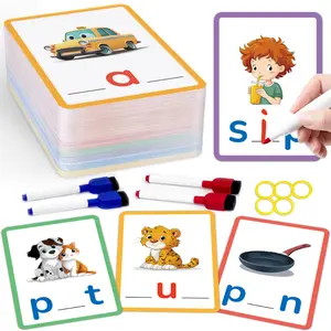 100 Pcs Dual-Sided Cvc Word Vocabulary Flashcards Learning Alphabet with 4 Pens, Reusable Erasable Handwriting Cards, Educational Toy Gift for Home and Classroom