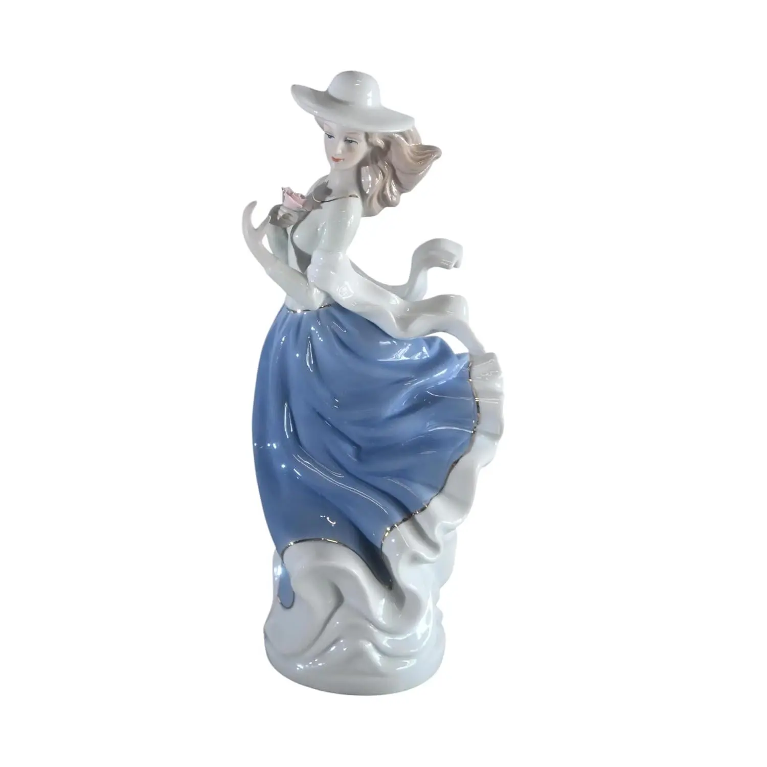 Hand-Painted Gilded Trim Porcelain Elegant Lady Figurine - Decorative 5"x4"x12"H Collectible with Blue Dress, Hat, Rose, Romantic Display for Shelf Decor, Home Ornaments