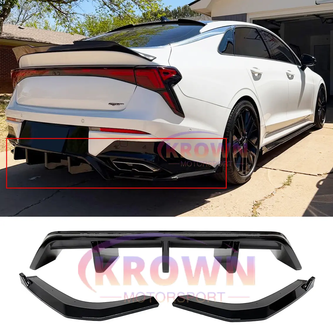 FOR 2025-2027 KIA K5 GLOSSY BLACK SHARK FIN REAR DIFFUSER W/ SIDE SPLITTERS SET