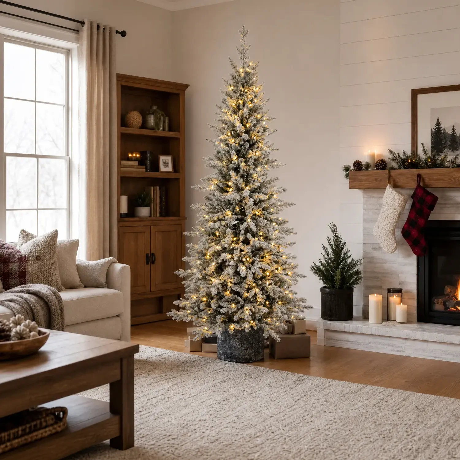Pre-Lit Snow Flocked Artificial Christmas Tree with Potted Base, Various Sizes (2/3/4.5/6.5 FT), PE&PVC Natural Touch Branch Tips, Pinecones, Warm White LED Lights, Holiday Decoration for Home Room Decorations