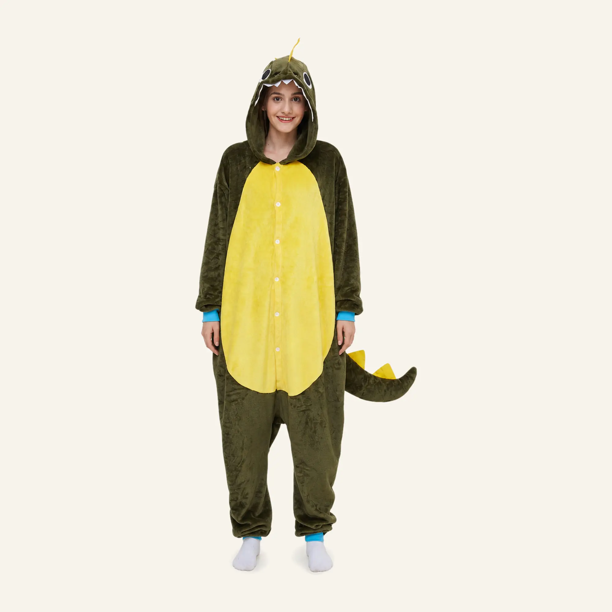 Brown Dinosaur Kigurumi Onesie, Long Sleeve Fabric Loungewear Sleepwear Yellow Blue