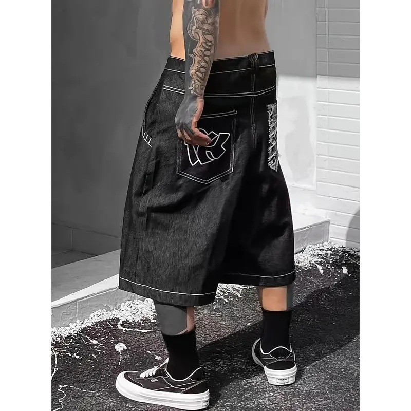 Men'S Fashion Denim Shorts with Embroidered Print, Loose Fit Over-the-Knee, Non-Stretch Fabric, Regular Length - Black with White Graphic Design, Casual Denim Shorts jean  shorts  men Menswear Rayon Polyester Stylish