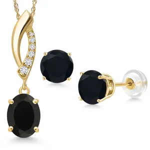 Gem Stone King 14K Yellow Gold Black Onyx and Lab Grown Diamond Pendant Earrings Jewelry Set For Women | 3.26 Cttw | Gemstone December Birthstone | Oval 8X6MM | with 18 Inch Chain