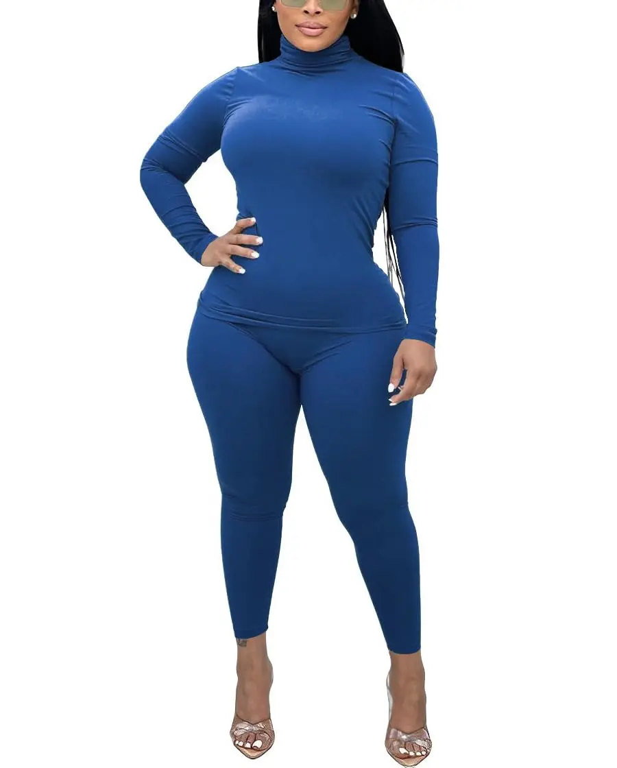 Nimsruc 2 Piece Outfits for Women Casual Bodycon Sweat Suits Turtleneck Long Sleeve Tracksuit Lounge Jogger Set Blue XXL