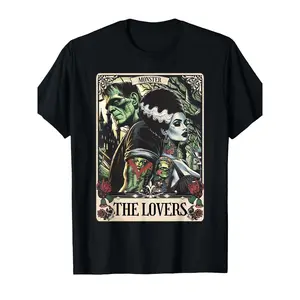 Unisex Frankenstein Bride Card T-Shirt - Gothic Horror Graphic Tee with Monster & Bride Art Print, Short Sleeve Round Neck Casual Shirt for Halloween & Casual Attire, Machine Washable All-Season Fit for Men & Women