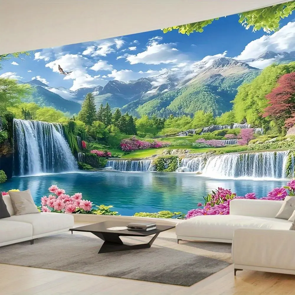 2D Flat Pastoral Natural Mountain Waterfall Polyester Tapestry Wall Hanging, Oversized Home Decor for Living Room Decorations, Bedroom Decor, Photo Backdrop Wall Cloth, Birthday Gift Idea