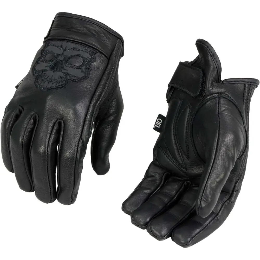 Men's Black Leather ‘Reflective Skull’ Motorcycle Hand Gloves W/Gel Padded Palm MG7500