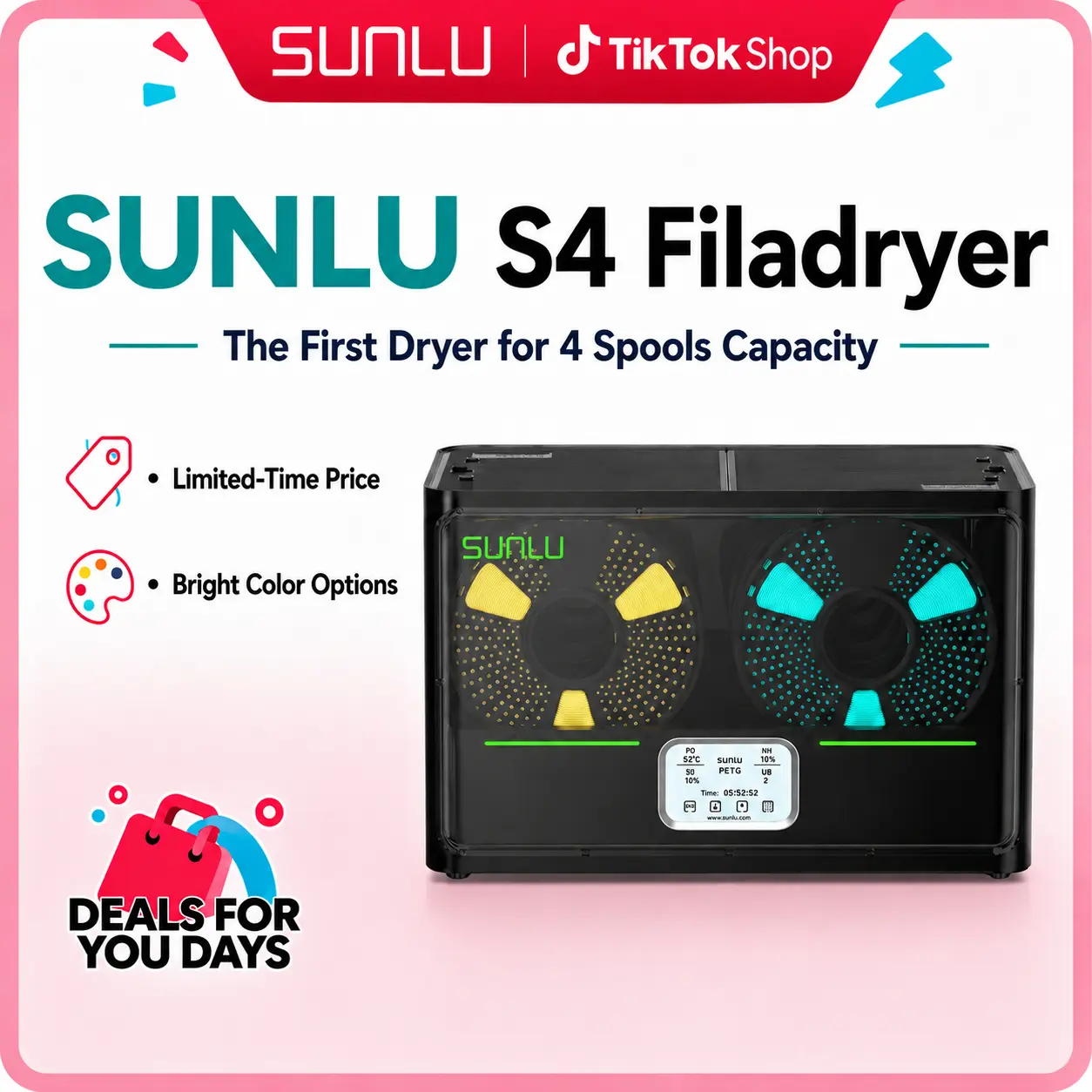 SUNLU Filadryer S4,Four-Spool 3D Printer Dehydrator with Rapid Heating, Auto Humidity Control Advanced Triple Fan Upgrade,Compatible with PLA,PETG,ABS,TPU,PA