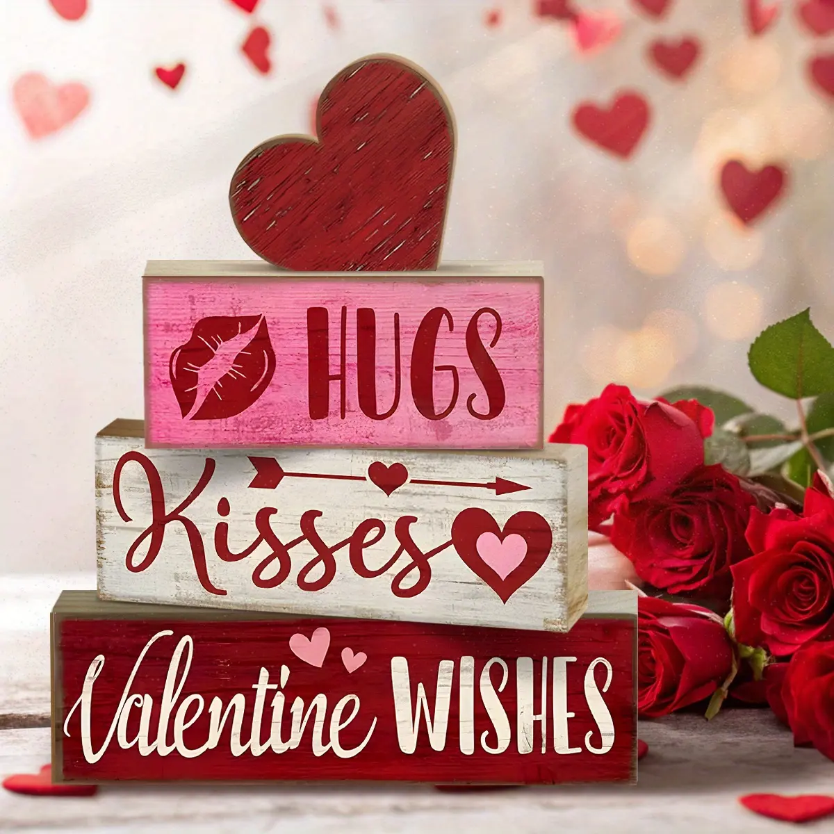 4 Pcs Valentine Table Decor Wooden Red Love Decoration, Valentine's Day Valentine Wishes Centerpiece, Sweet home Valentine Tiered Tray Decor Red Heart Block Signs Gift for Farmhouse Home Kitchen, valentine's day display set, Heart Plaque