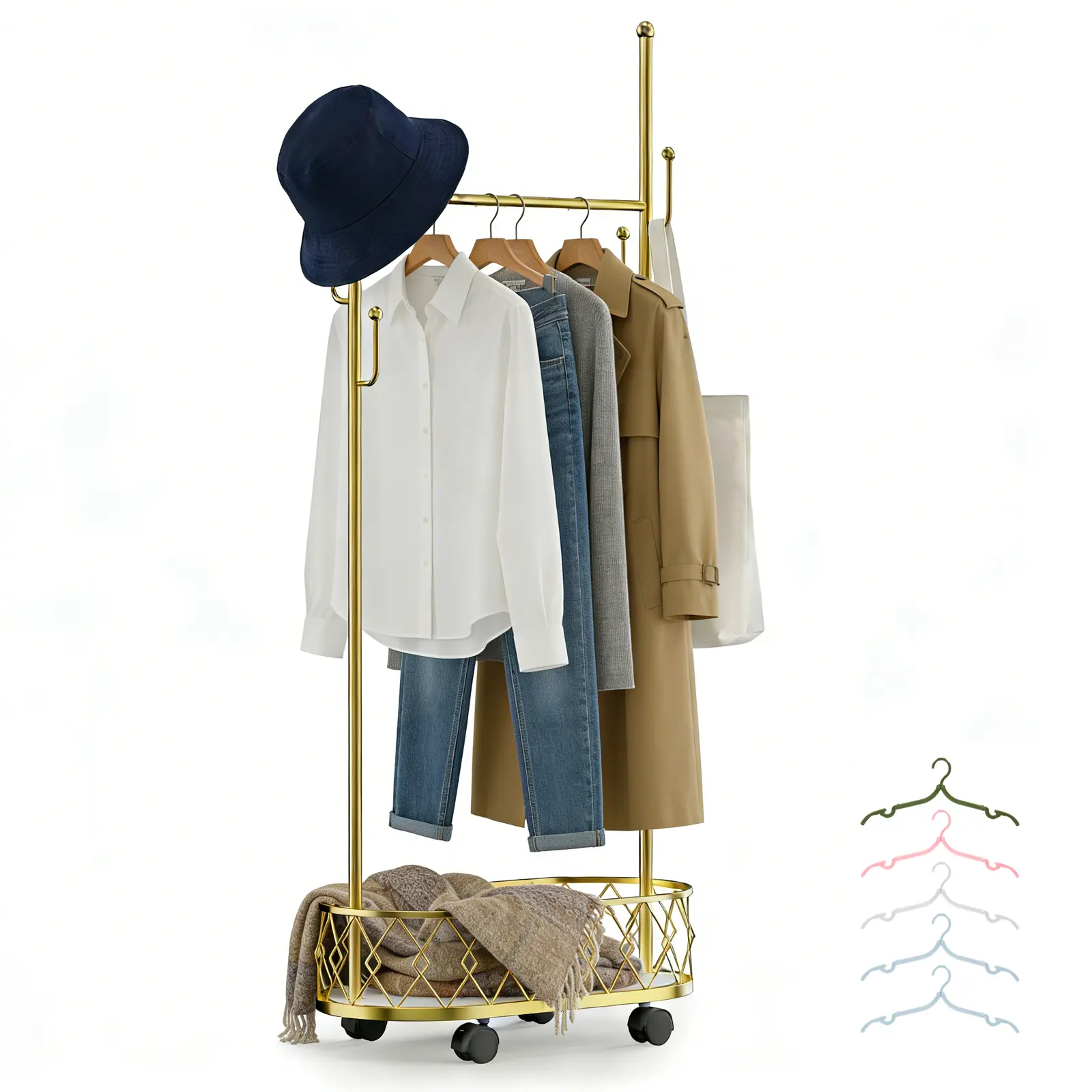 Multifunctional Metal Coat Rack with Storage Basket 360° Movable Rotation for Hanging clothes Hats Bags Scarves Space-saving