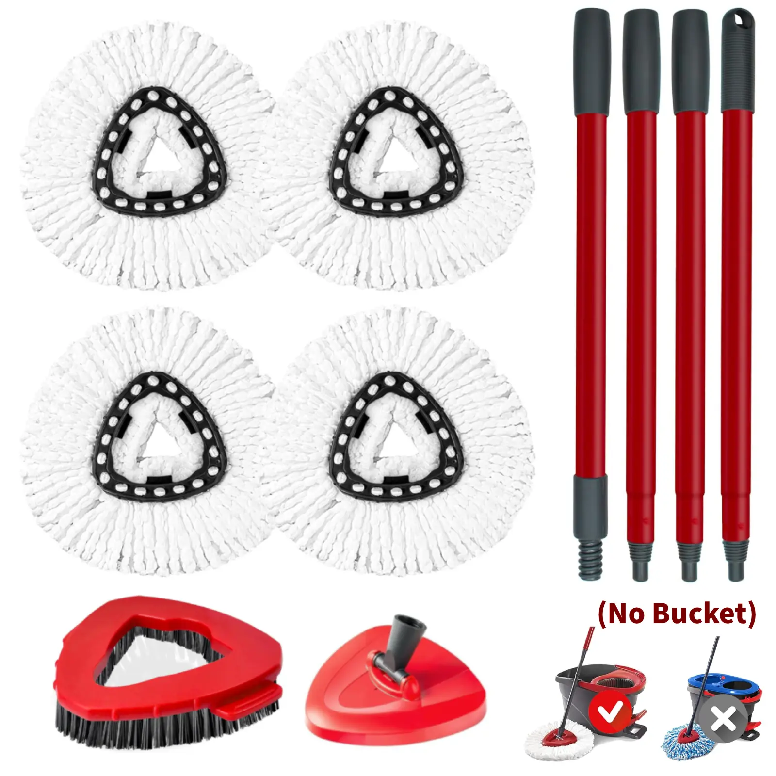 Spin Mop Replacement Set for OCeda EasyWring Spin Mop 1-Tank System, Contains 4 Replace Heads, 1 Spin Base, 1 Scrubber Head and 4-Section Handle (No Bucket)