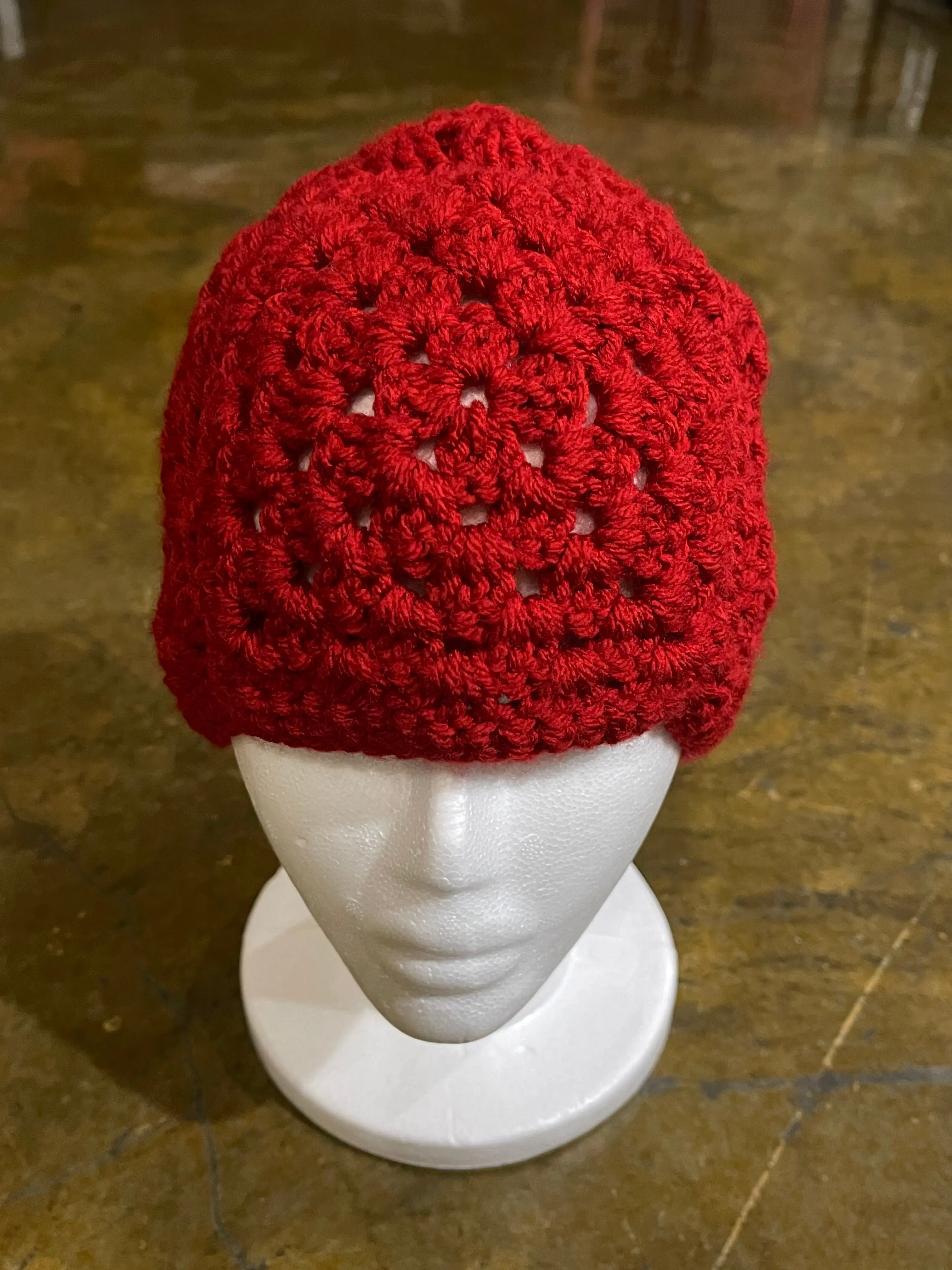 Unisex Hand-crocheted Red Granny Square Beanie