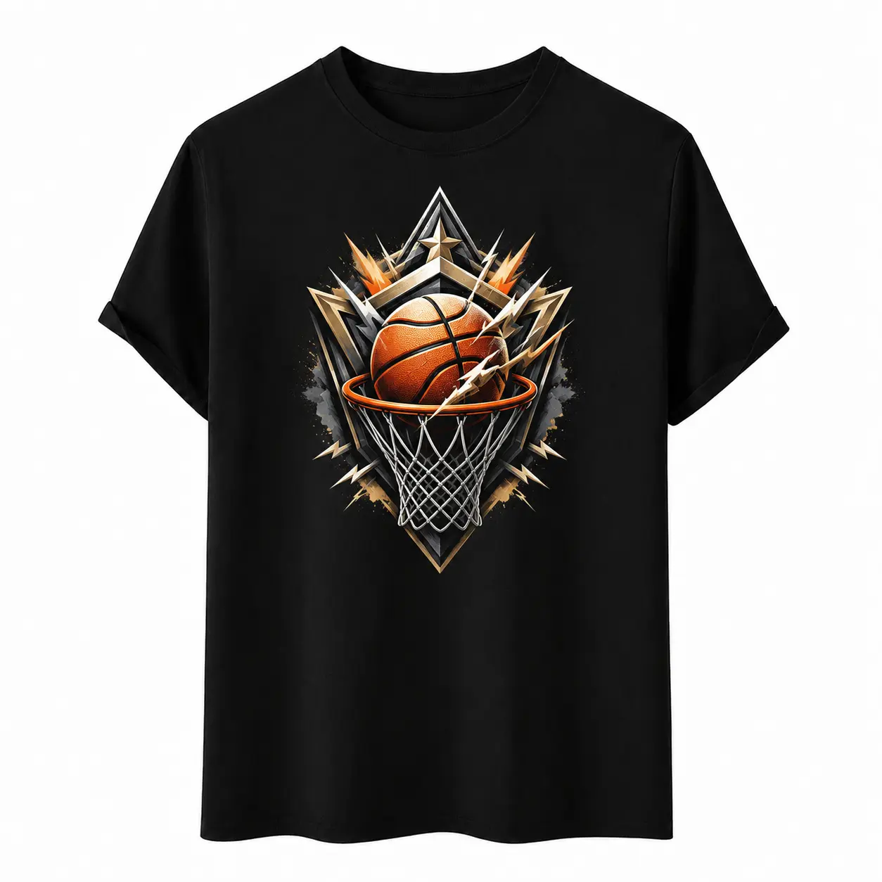 Thunder Lightning Basketball Hoop Diamond Badge Graphic Unisex Sports T-Shirt