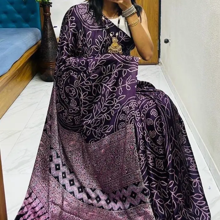 PURE AJRAKH SATIN PRINT SAREE WITH BLOUSE PIECES