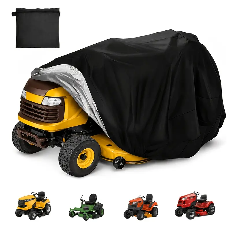 All-weather durable three-layer composite fabric dust cover, 100% waterproof, UV protection against sun exposure, wind resistance, featuring elastic edging and adjustable straps, universally fits lawn mowers, off-road vehicles, and outdoor patio furniture