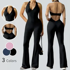Women's Sexy Backless Halter Neck Yoga Jumpsuit - Seamless Breathable Stretchy Workout Bodysuit with Ultra-Long Length for Yoga