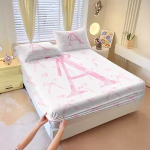 Pink Bow and Letter a-Themed Bedding Set. Soft and Comfortable Fitted Sheet Set Creates a Romantic Ambiance, Perfect for Bedrooms with a Sweet or Princess-Style Aesthetic. an Ideal Gift Suitable for All Seasons. Soft Bedding Sets