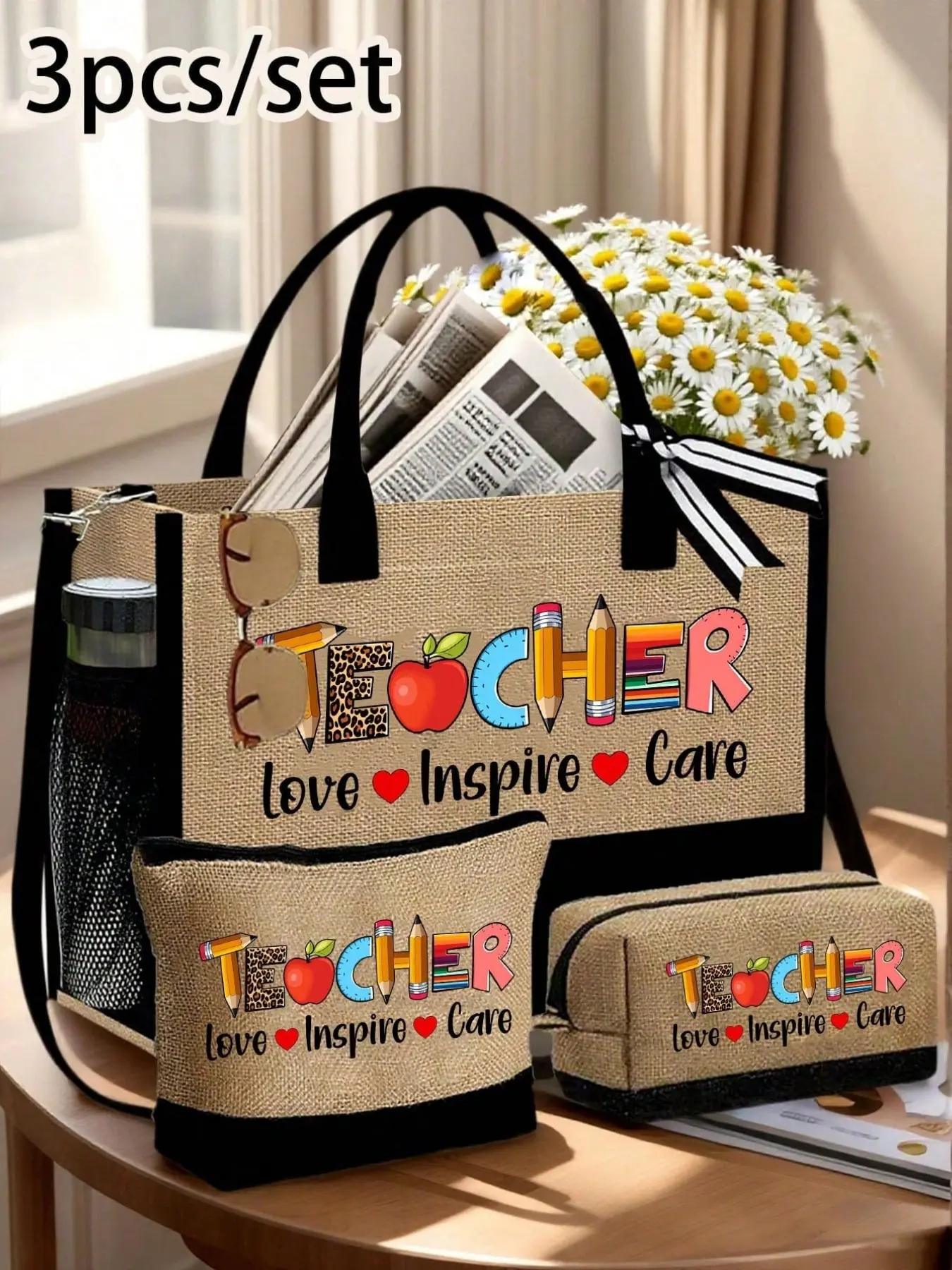 A set of teacher love-inspired printed tote bags, Handbag Tote Bag, Coarse fabric tote set, lightweight coarse cloth shopping bags, can be used as travel beach bags, teacher appreciation gifts, suitable for weddings, holidays